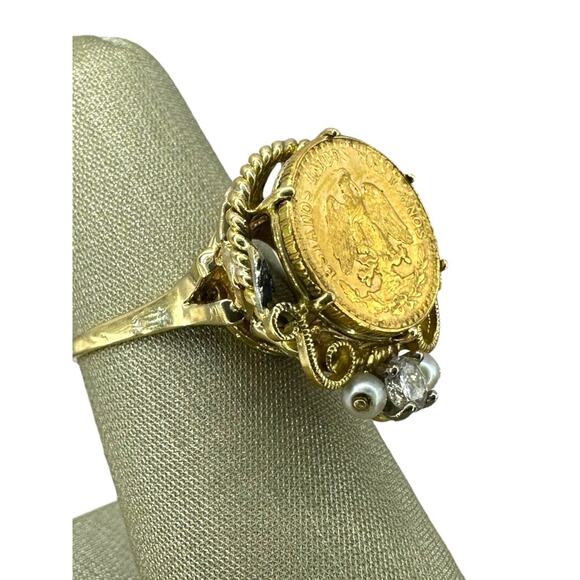 14K Yellow Gold Ring with Dos Peso Gold Coin, .12cttw Diamond & Pearls (7594) - Picture 8 of 8